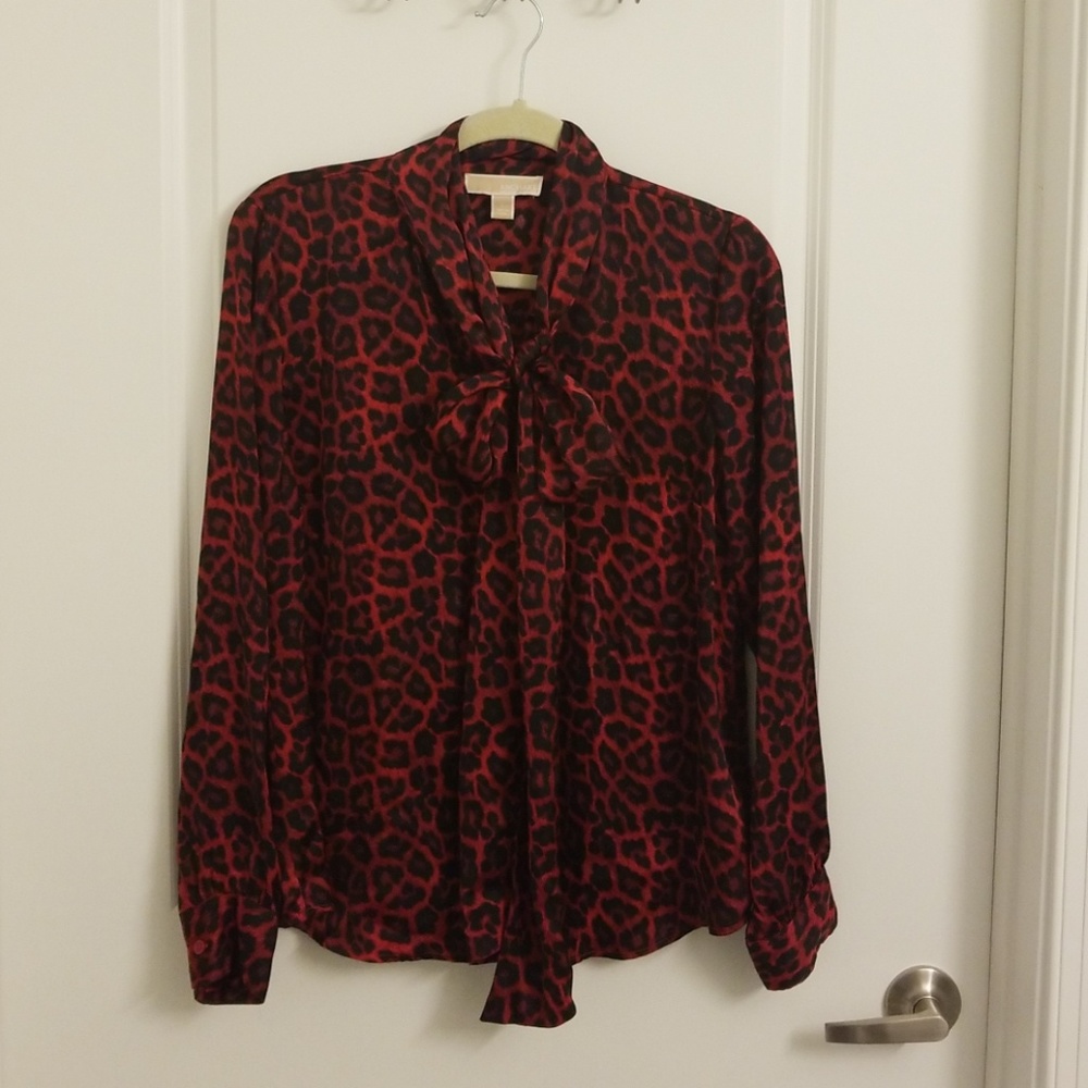 MK red and black leopard print button down blouse
